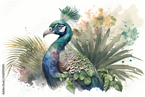 Watercolor illustraion light color peacock with tropical white background wallpaper AI photo