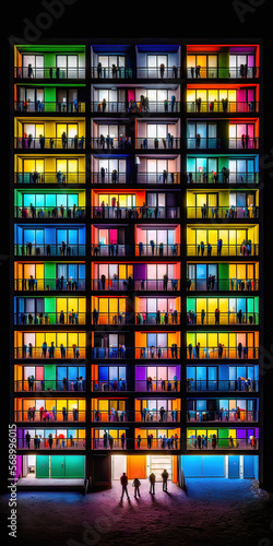 Appartmenthaus Bürohaus Abstrakt Surreal Frontalansicht Vertikal bei Nacht Generative AI Digital Art Illustration Kunst Hintergrund Background Cover Kunst