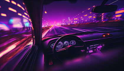 driving in the night, futuristic synth-wave car in purple neon colours. Generative AI