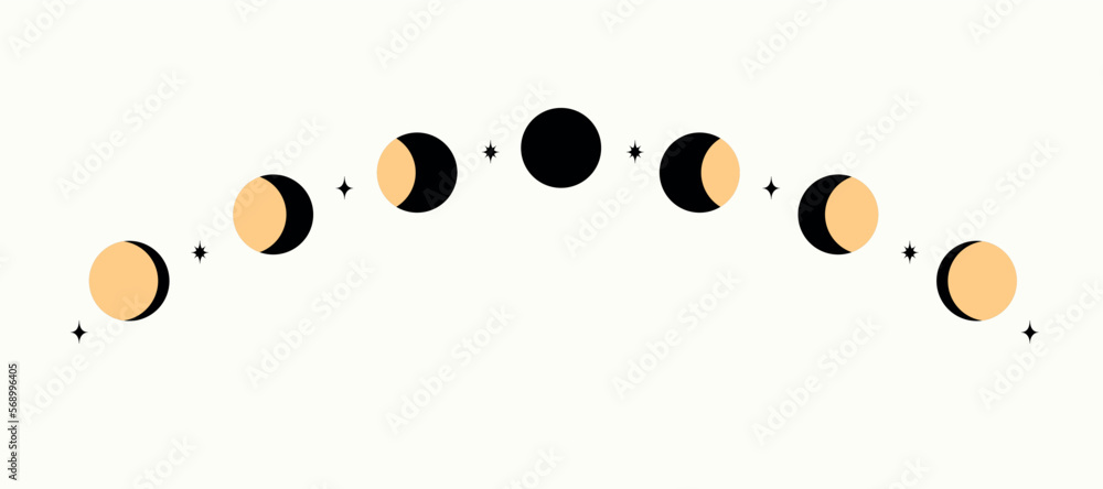 Fototapeta premium Night space with stars and moon cycle. Vector illustration. Celestial body move from new to full phase. Flat design.