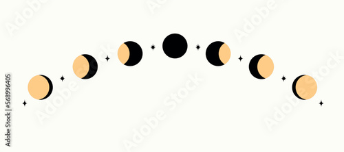 Night space with stars and moon cycle. Vector illustration. Celestial body move from new to full phase. Flat design.