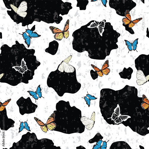 Cow Print with Butterflies seamless pattern background