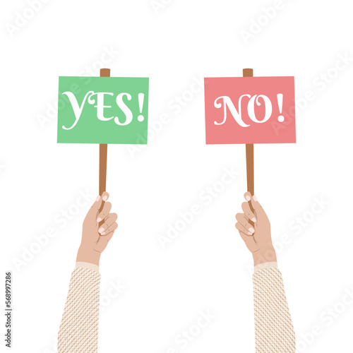 Uniesiona ręka ze znakiem z napisem "tak" i "nie". Zielony i czerwony znak. Ilustracja wektorowa.