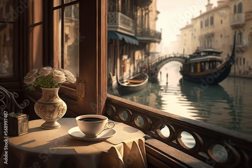 Cup of tea or coffee on blurred background of Venetian canal. Romantic view. Based on Generative AI 