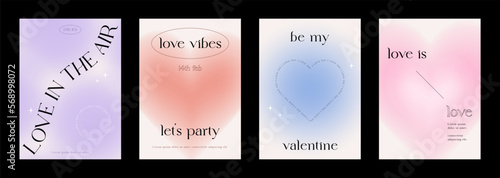 Happy Valentine's Day greeting card set. Gradient. Typography poster. y2k aesthetic. Social media template. Digital marketing. Sale promotion. Fashion advertising banner. Trendy vector illustration.