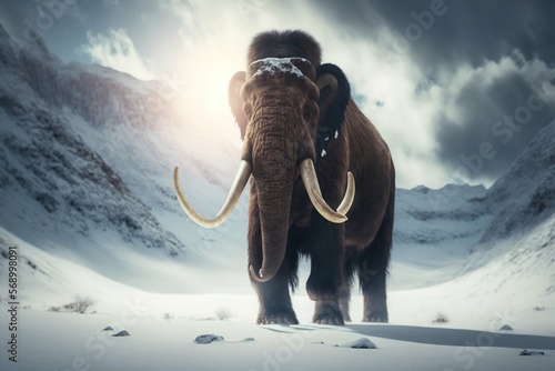 Mammoth elephant walking in snow winter mountains. Generative AI