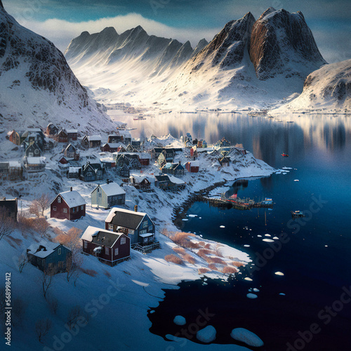 A Greenlandic seaside village in the style of Qaqortoq in winter, beautiful day - generative ai