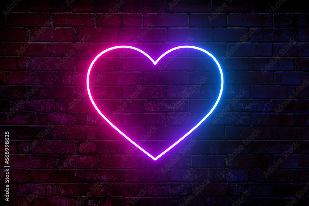 Neon heart with a glow on the background of a dark brick wall. Neon