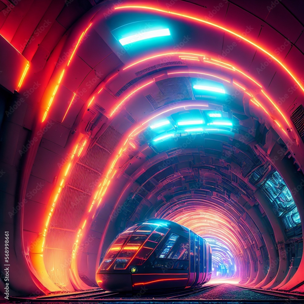 concept art of underground tunnel in neon future city, generative art by A.I.
