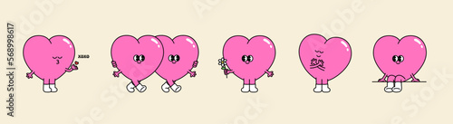 Groovy hippie love sticker set. Heart funny cartoon character different pose. Happy valentine's day concept. Trendy retro 60s 70s style emoji. Y2K aesthetic. Romantic mascot. flat Vector illustration.