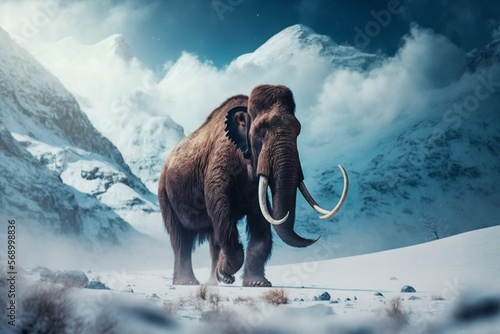 Mammoth elephant walking in snow winter mountains. Generative AI