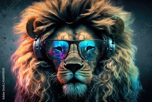 Mighty rasta lion in earphones and mirror glasses on abstract magenta background. 80s vibe, Rastafarian culture, synthwave style, AI Generative. photo