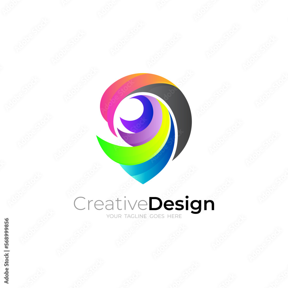 Peacock logo and location design combination, 3d colorful style