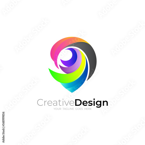 Peacock logo and location design combination, 3d colorful style