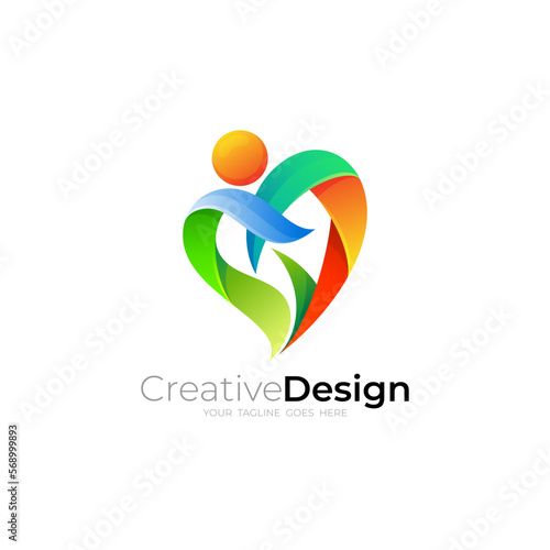 Charity logo with love design vector, heart care icon and people