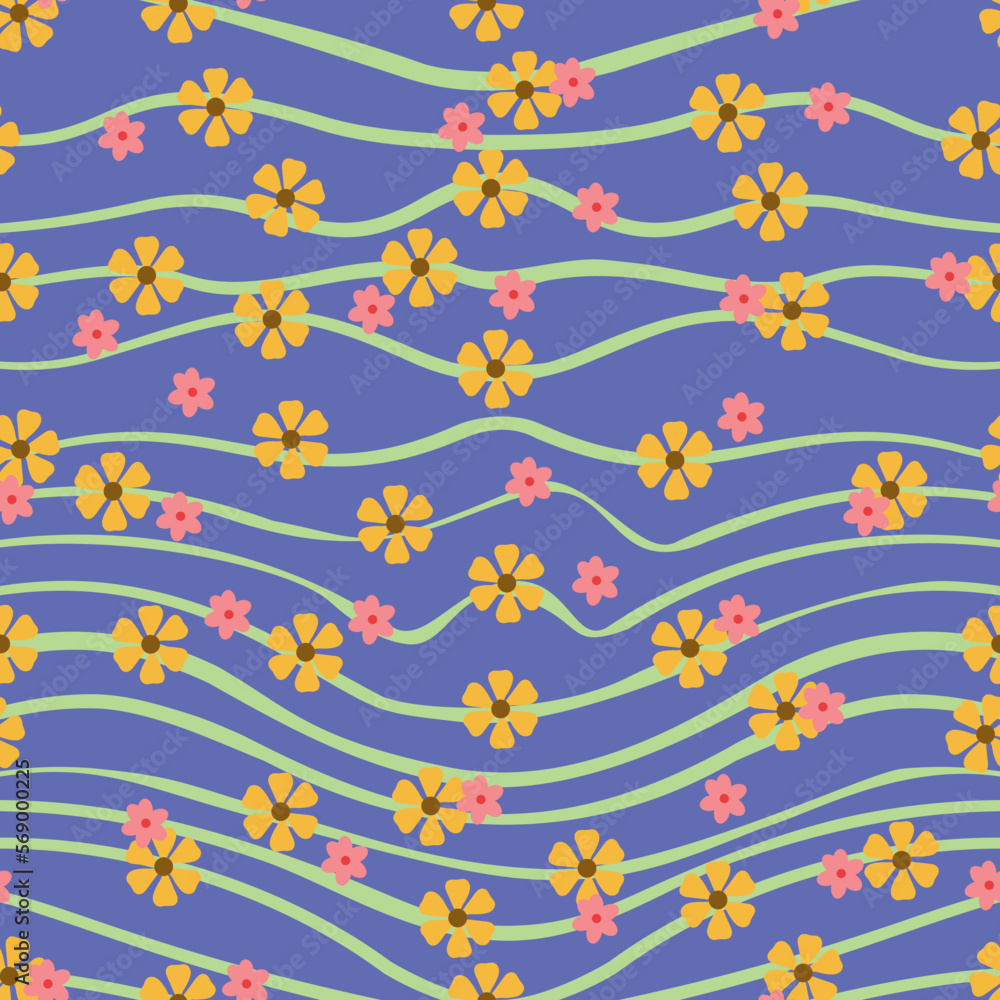 seamless pattern with flowers and wavy lines
