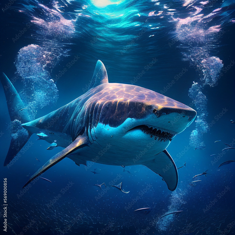 Fototapeta premium dangerous shark swims in the depths of the ocean, generative AI