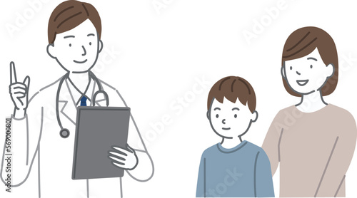 診察する医者と男の子と母親