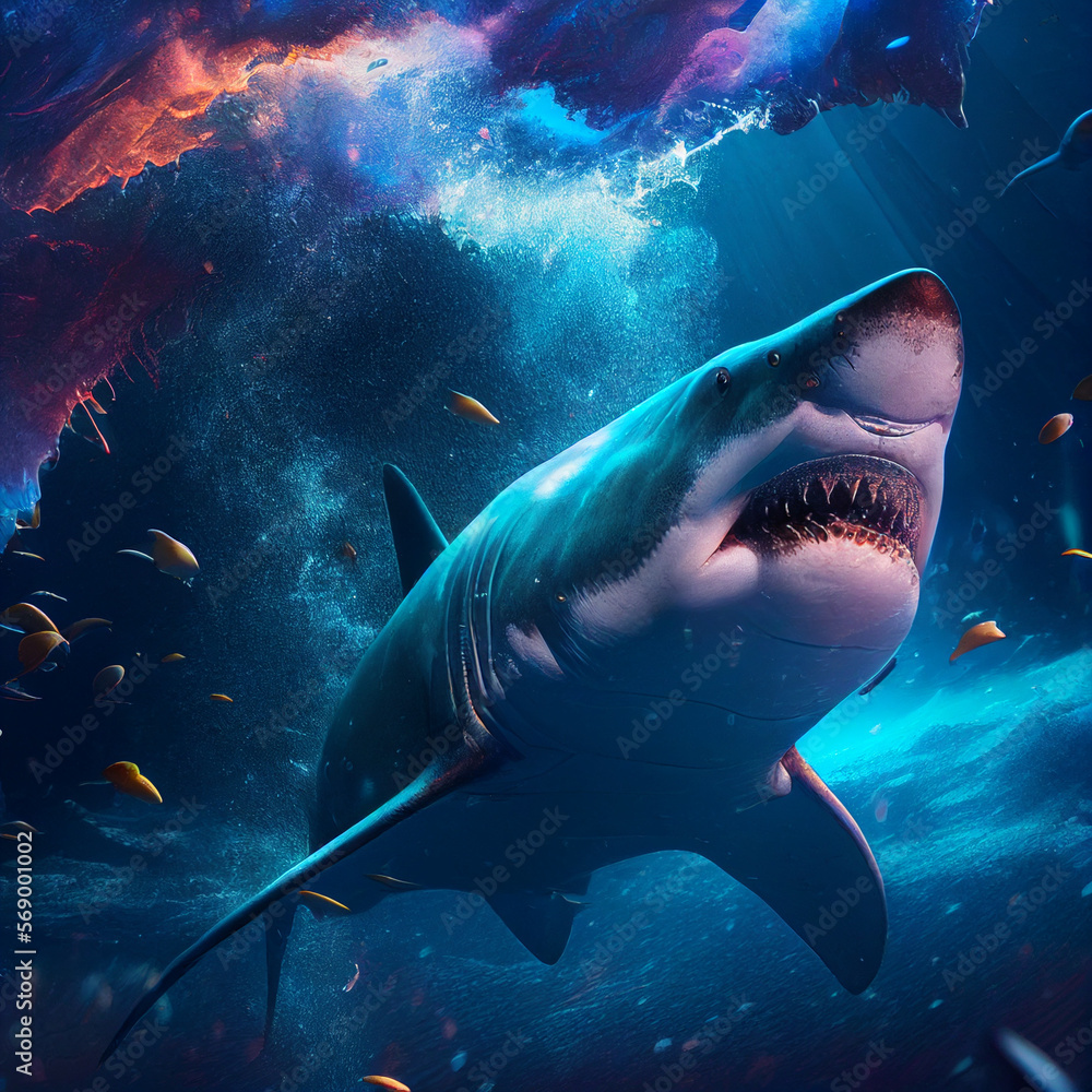 Naklejka premium dangerous shark swims in the depths of the ocean, generative AI