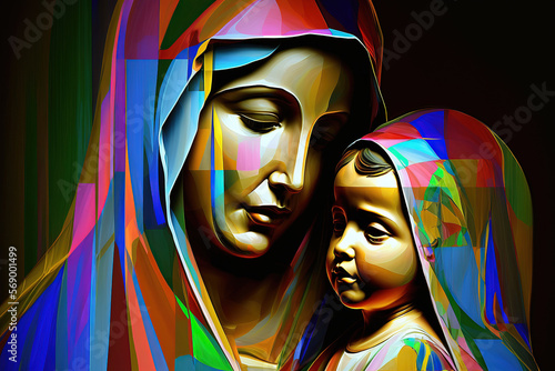 Virgin Mary holding baby Jesus, abstract art depicting Gods miracle of the immaculate conception, generative ai