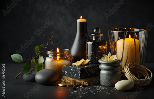Beautiful spa composition with candles on dark background. digital ai art 