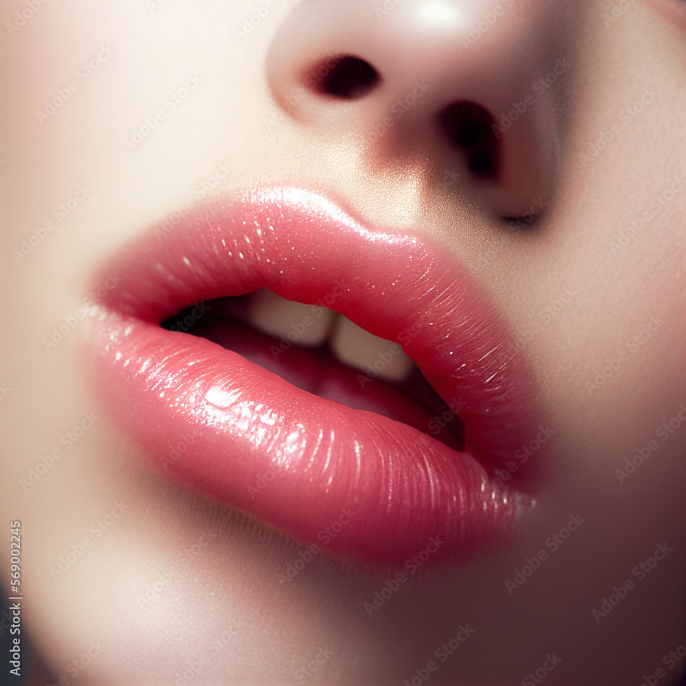 Beautiful and sensual female lips with pink lip gloss. AI generated image. Beautiful and sensual female lips with pink lip gloss. AI generated image.