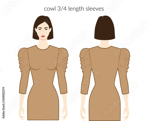 Cowl sleeves clothes character beautiful lady in nude top, shirt, dress technical fashion illustration with 3-4 bracelet length. Flat apparel template front, back sides. Women, men unisex CAD mockup