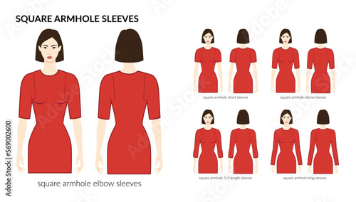Set of Square armhole sleeves clothes - long, short, 3-4, elbow length technical fashion illustration with fitted body. Flat apparel template front, back sides. Women, men unisex CAD mockup
