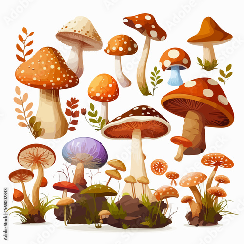 Cartoon mushrooms. Vector illustration, print for background, print on fabric, paper, wallpaper, packaging.