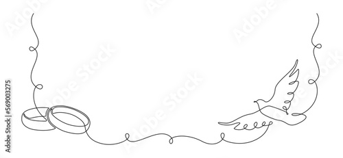 One continuous line drawing of Wedding rings and white dove. Romantic invitation design and symbol engagement and love marriage in simple linear style. Editable stroke. Outline vector illustration