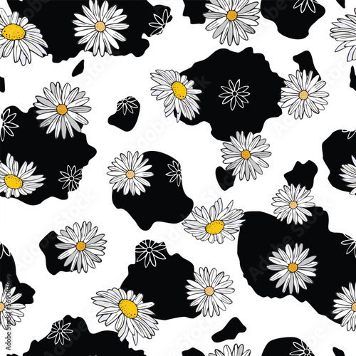 Cow print with White Daisies seamless pattern background