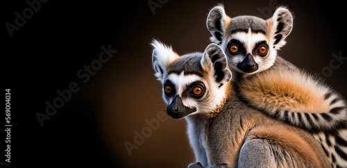 Baby ring-tailed lemur rides on Mom’s back. animal wildlife, background with copy space digital ai art	