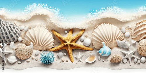 Sea themed banner with beautiful shells, corals and starfish on white sand. Generative AI. © Lars