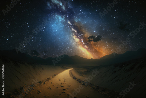 A solitary pathway winds its way through a desolate desert landscape, dotted with thousands of twinkling stars overhead on a clear, moonless night. Generative AI