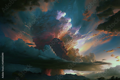 Stunning skies with vibrant hues of clouds blanket the sky as a solitary house or tree stands out in the foreground, creating a dramatic and breathtaking landscape Generative AI