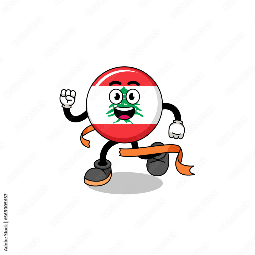 Mascot cartoon of lebanon flag running on finish line