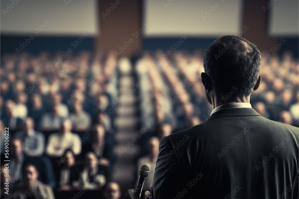 Fototapeta premium Inspiring Leadership: Dynamic Speaker Captivates Audience at Business Conference
