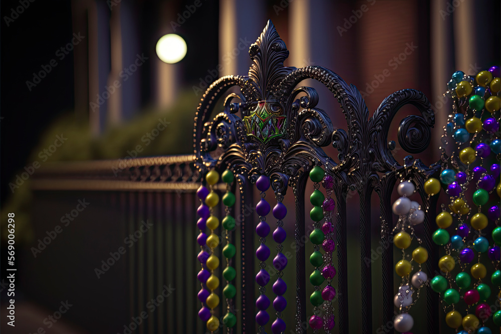Mardi Gras beads of green, gold, and purple colors hanging on an iron