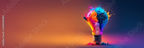 a colorful glowing idea bulb lamp banner, visualization of brainstorming, bright idea and creative thinking, copy space, generative ai