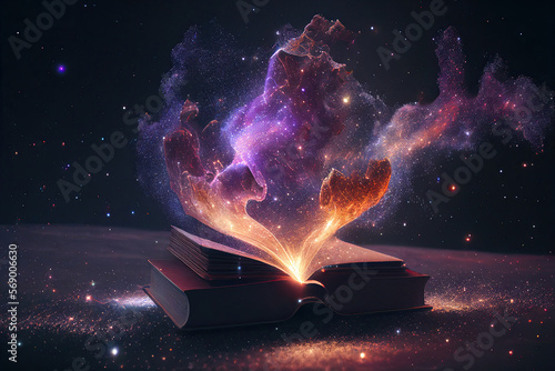 An open book with cosmic dusk floating out of it. Generative AI.