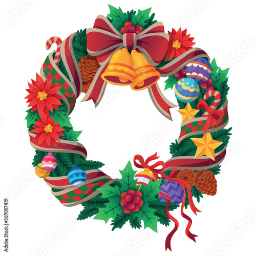 Christmas wreath with red ribbon and ribbon. The garland decorated with pine branches looks realistic, with decorations of berries, pinecones, stars, flowers and lights