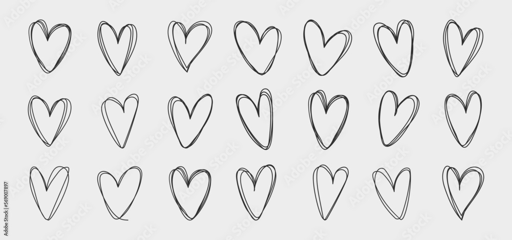 Set of hand drawn hearts. Handdrawn rough marker hearts isolated on white background. Vector illustration for your graphic design Set of hand drawn hearts. Handdrawn rough marker hearts isolated on white background. Vector illustration for your graphic design