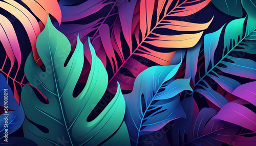 Dark green tropical leaves colorful neon light, backlight, leaves composition, plant background, monstera, palm leaves. Generative AI