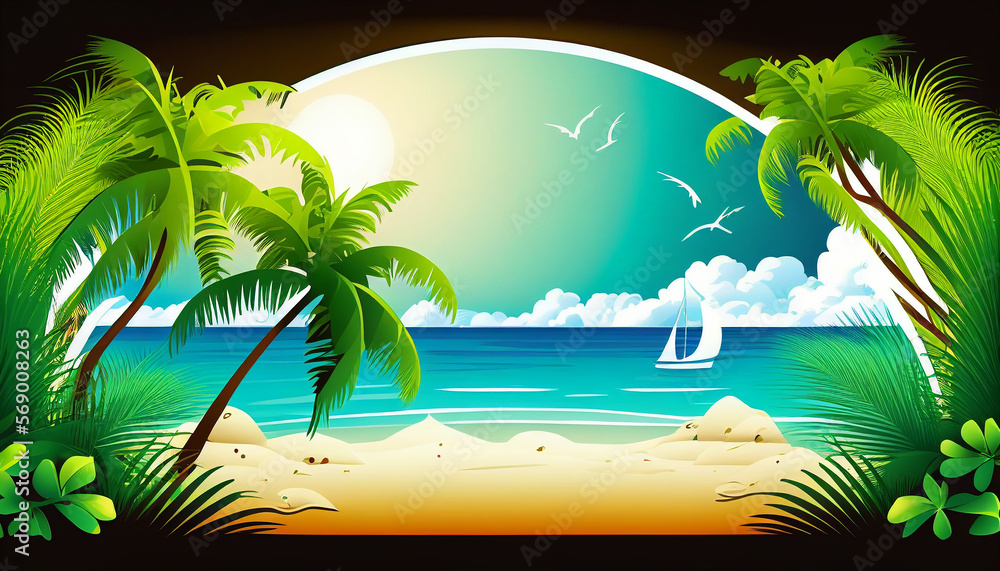 Summer landscape background with sunset beach scene. Generative AI. Beach accessories on sandy - summer background