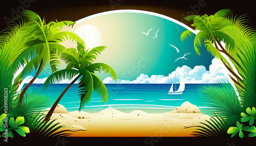 Summer landscape background with sunset beach scene. Generative AI. Beach accessories on sandy - summer background