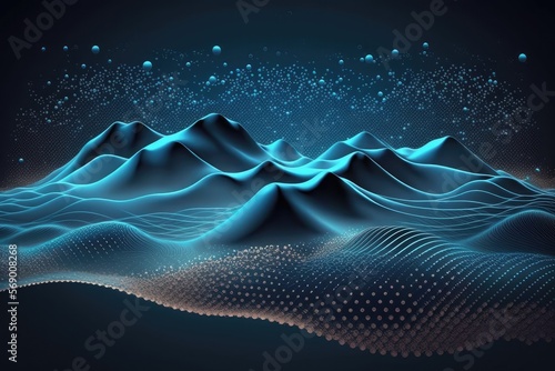 Technology background with connected dots on 3D wave landscape. High tech. Generative AI