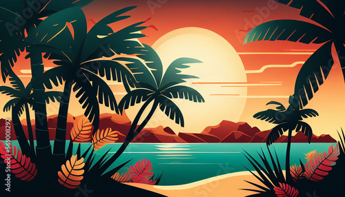 Summer landscape background with sunset beach scene. Generative AI