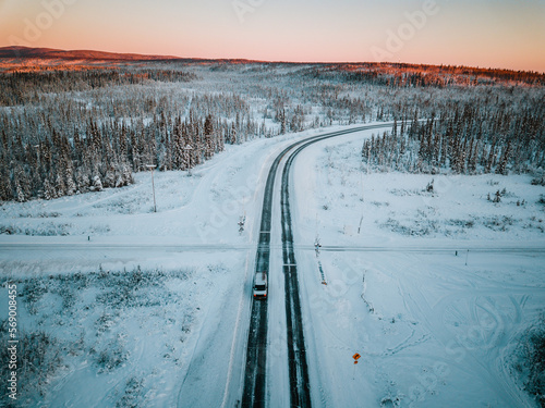 The Areal view of Fairbanks Alaska with railroad and road with car