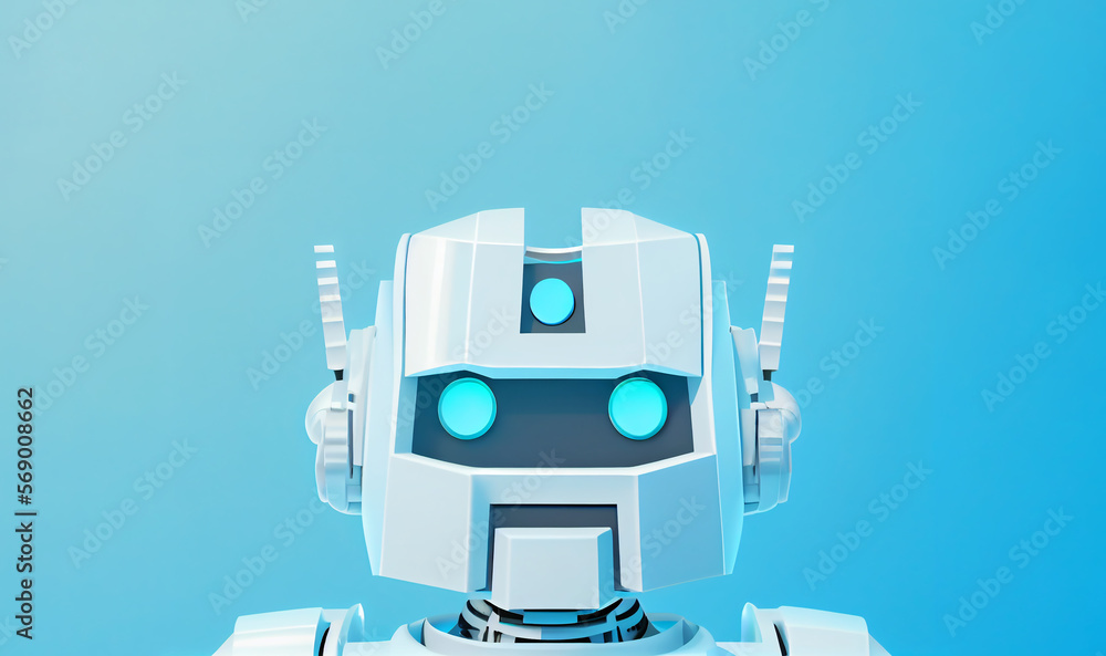3d white friendly robot head on blue background. Generative AI. 3d white friendly robot head on blue background. Generative AI.