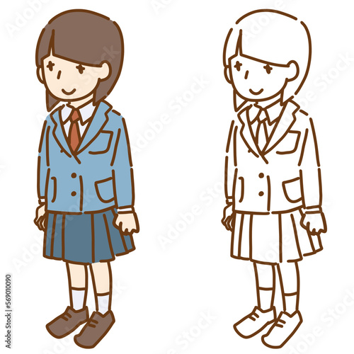 前髪パッツンの女子学生が起立しているベクターイラスト 線画と色付き ブレザーとスカート